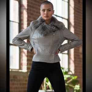 KAREN MILLEN England Leather Moto Jacket Faux Fur Gray Soft Double Zipper Sz 4